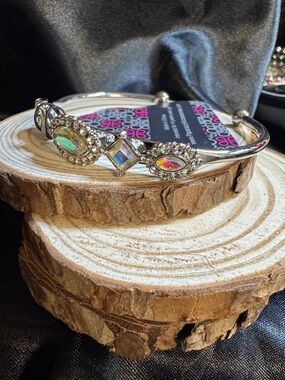 Rhinestone Opal-Effect Silver Bangle Bracelet